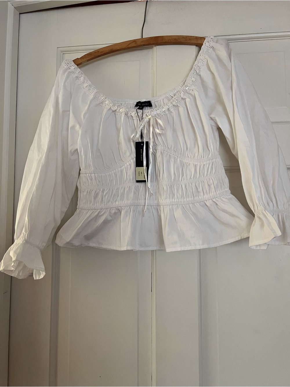White Peasant Blouse with Smocked Waist - New Glory